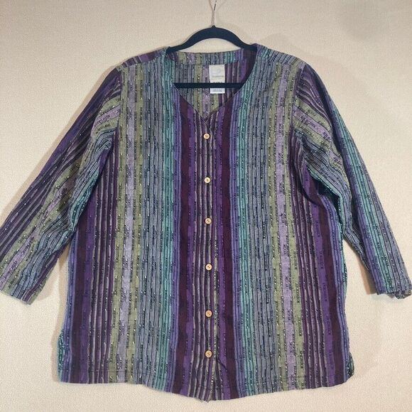 Roaman's Top 18 Purple Teal Button Up V-Neck Striped Professional Textured Artsy - Picture 1 of 8